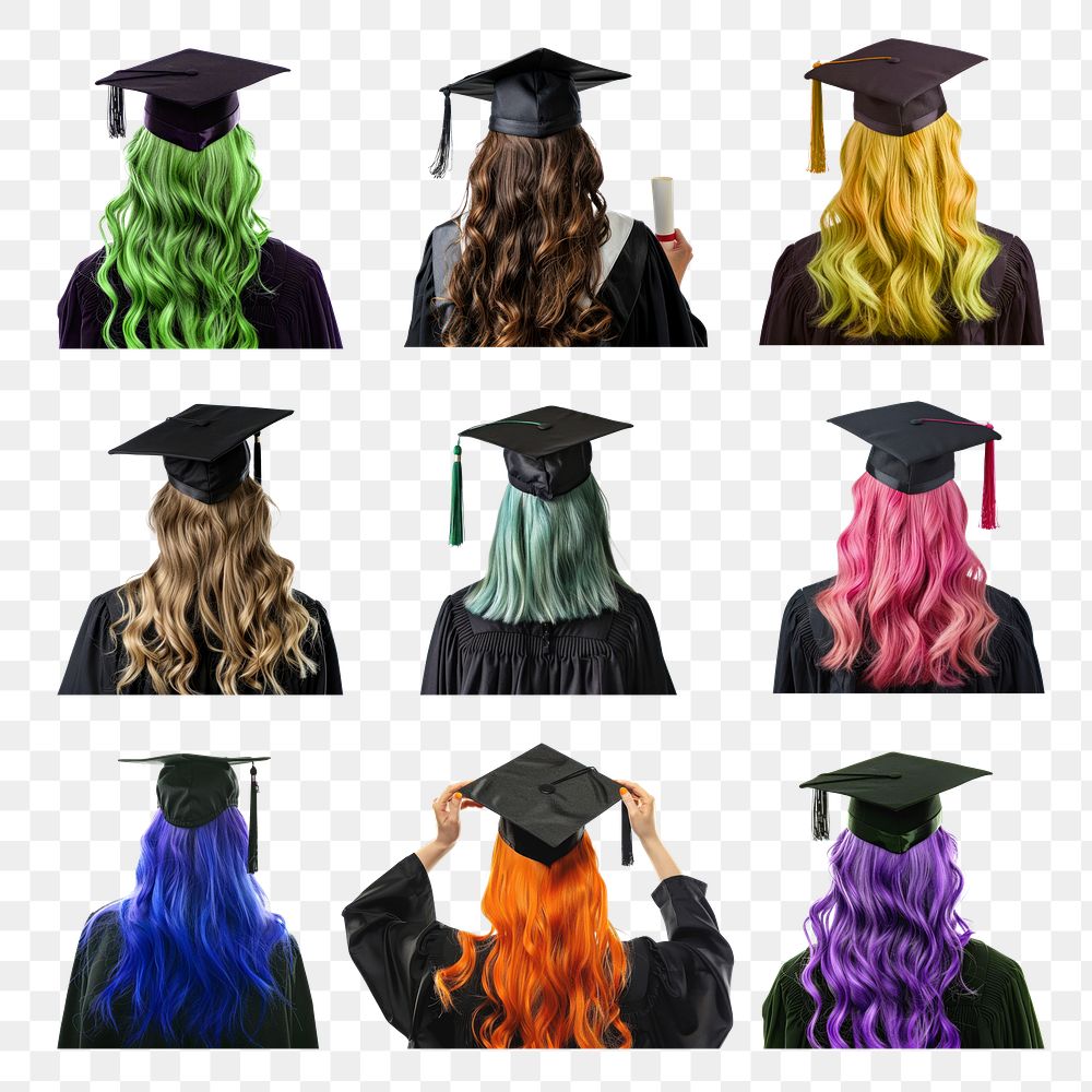 PNG coloured hair graduate female student element set, transparent background