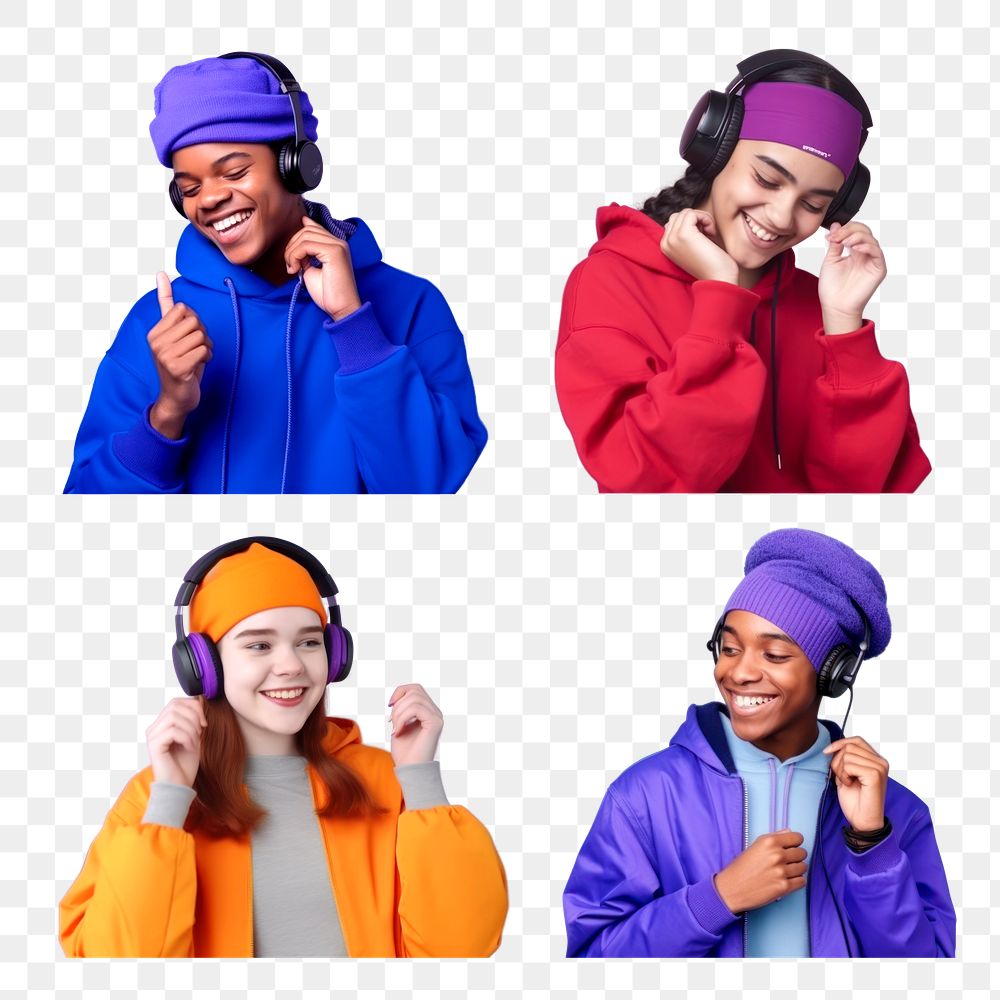 PNG teenagers with headphones element set, transparent background