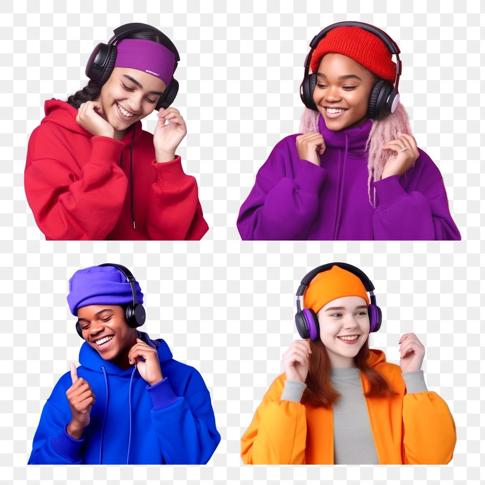 PNG teenagers with headphones element set, transparent background