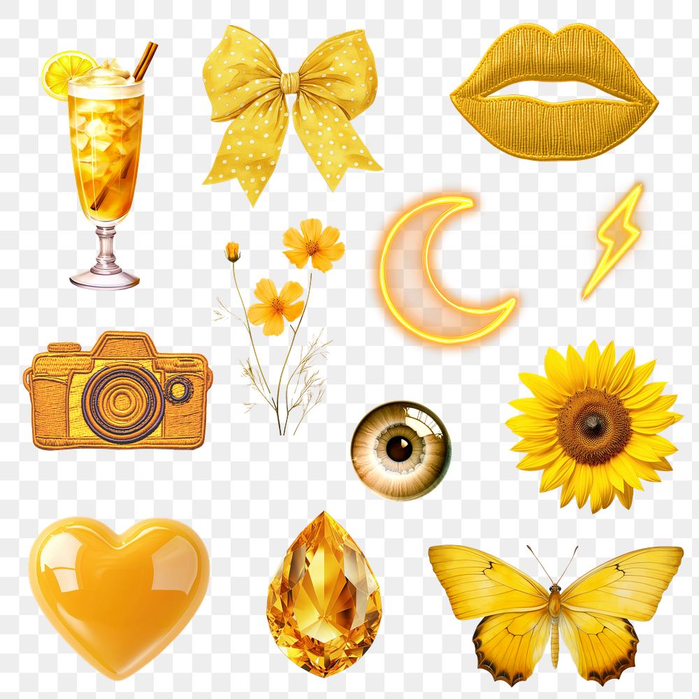 PNG yellow aesthetic  design element set, transparent background