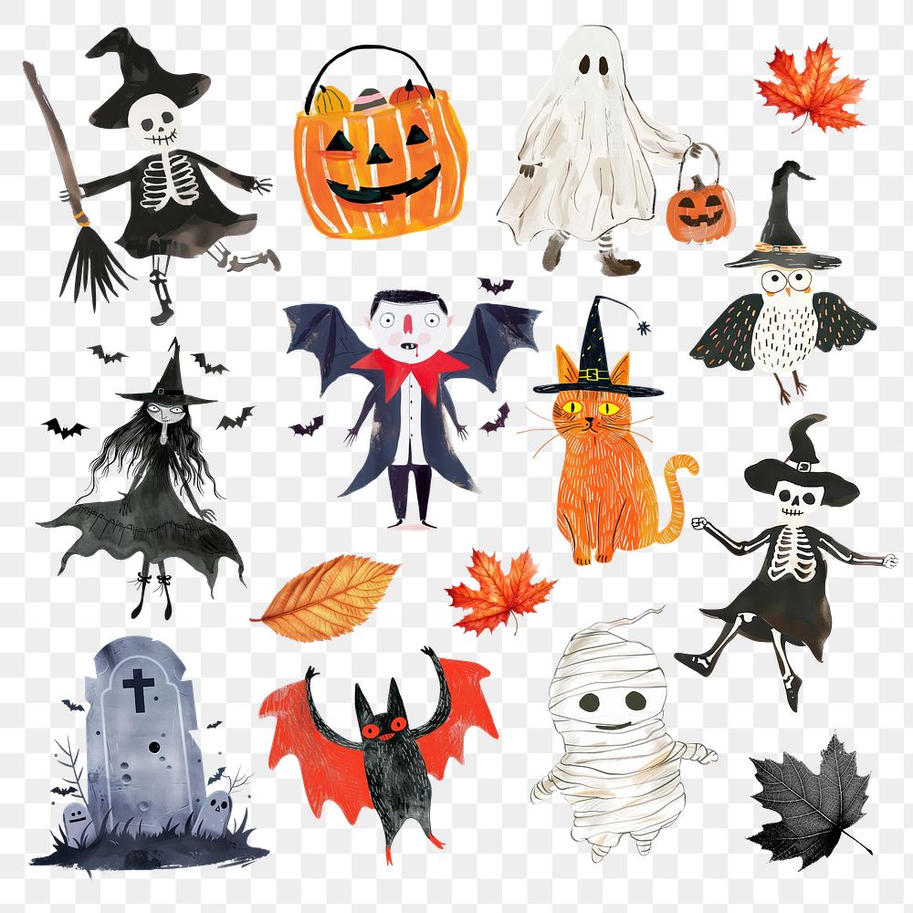 PNG cute Halloween characters illustration design element set, transparent background