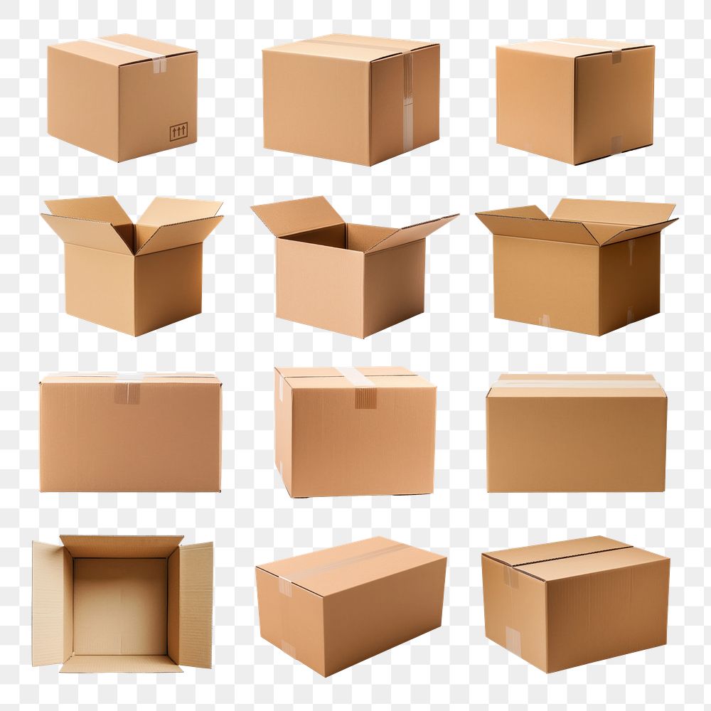 PNG cardboard parcel box design element set, transparent background