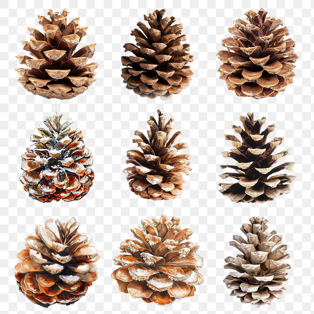 PNG Winter pine cone design element set, transparent background