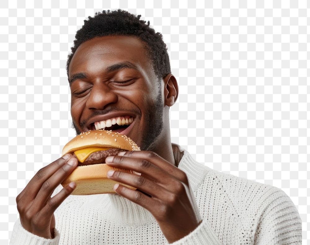 PNG Man eating hamburger biting person human.