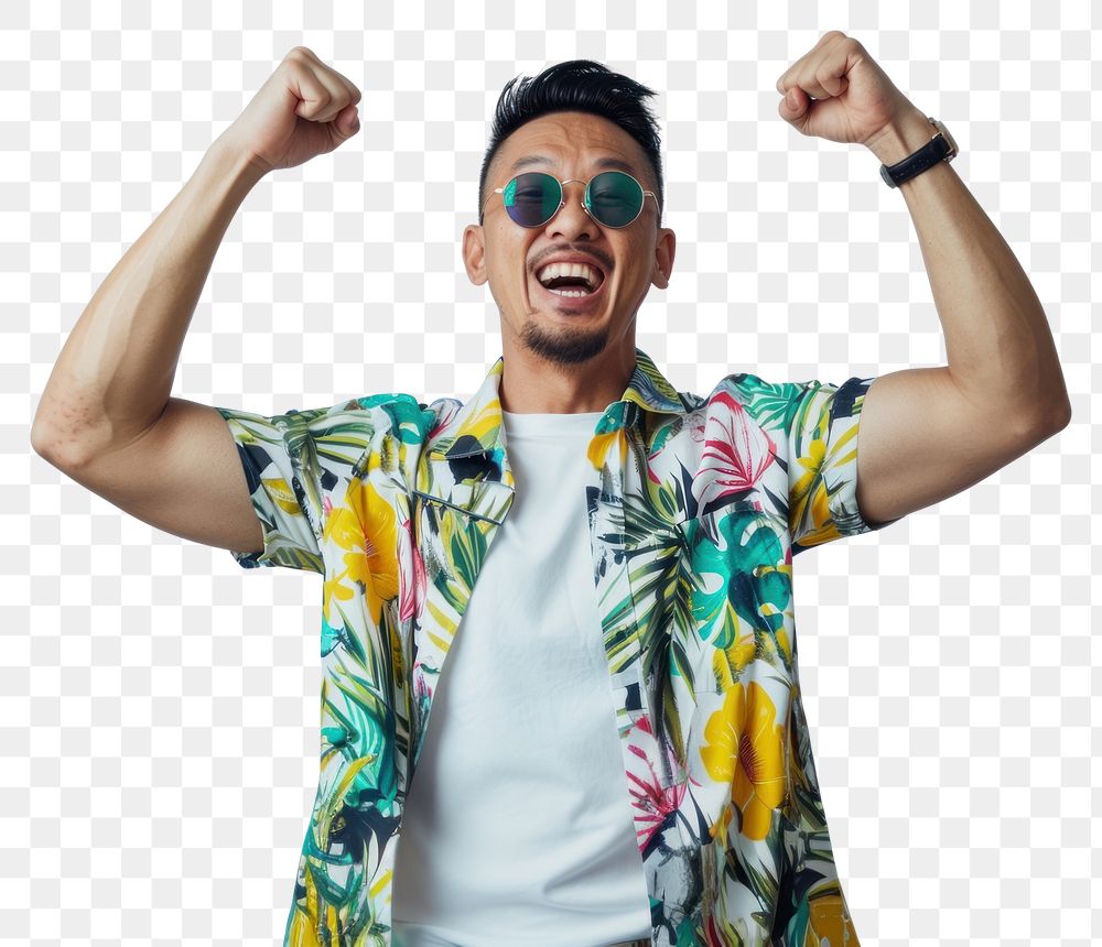 PNG  Excited man in tropical shirt