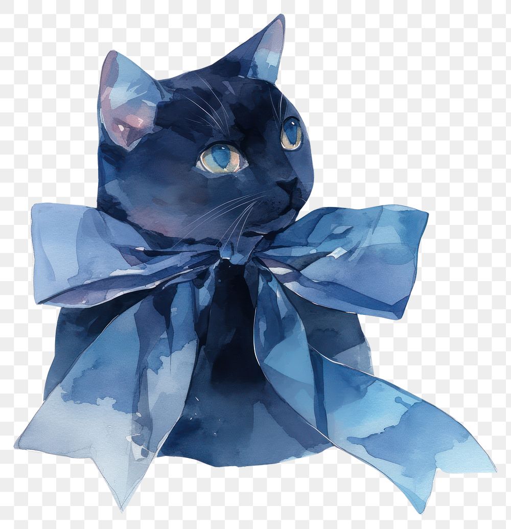 PNG  Watercolor cat with blue bow