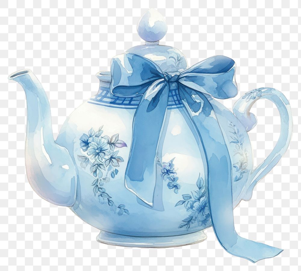 PNG  Elegant blue floral teapot illustration