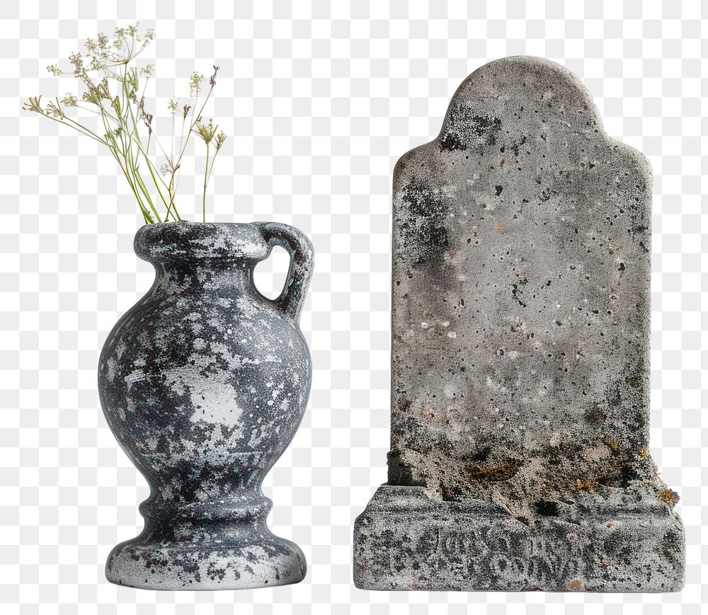 PNG Vintage vase and weathered tombstone