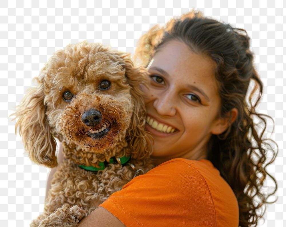 PNG Happy woman hugging curly dog