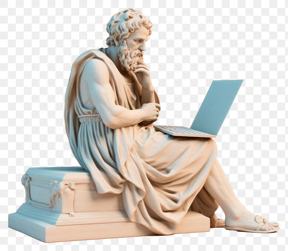 PNG Ancient philosopher using laptop, transparent background