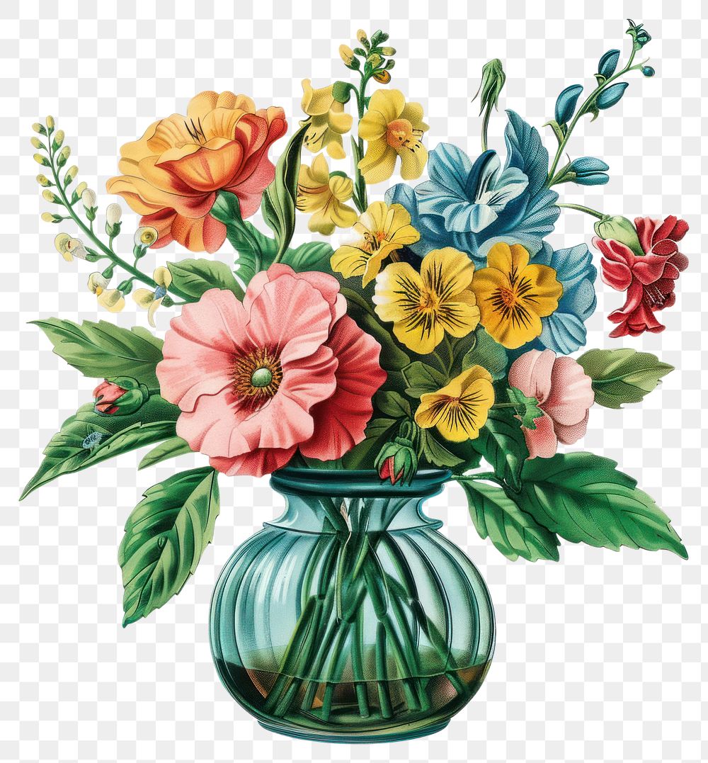 PNG Flowers bouquet vase painting graphics.