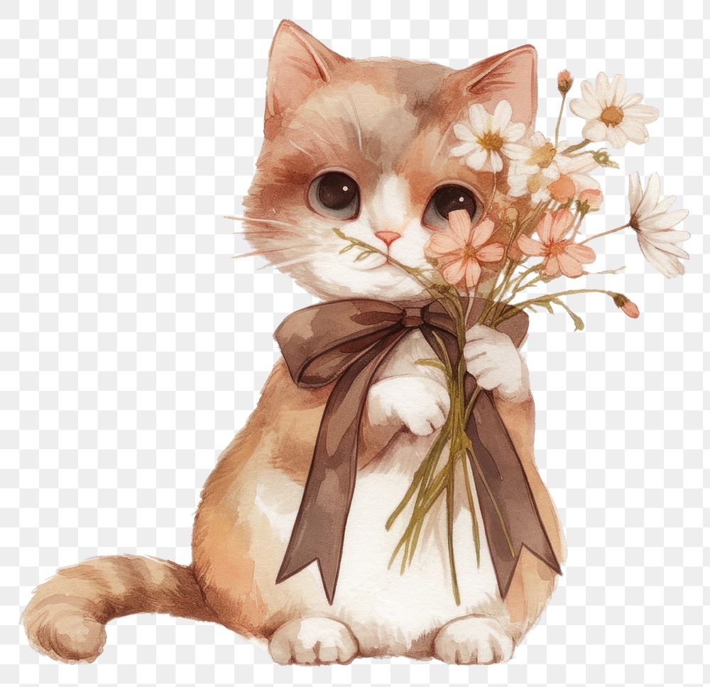 PNG  Cute kitten holding flowers illustration