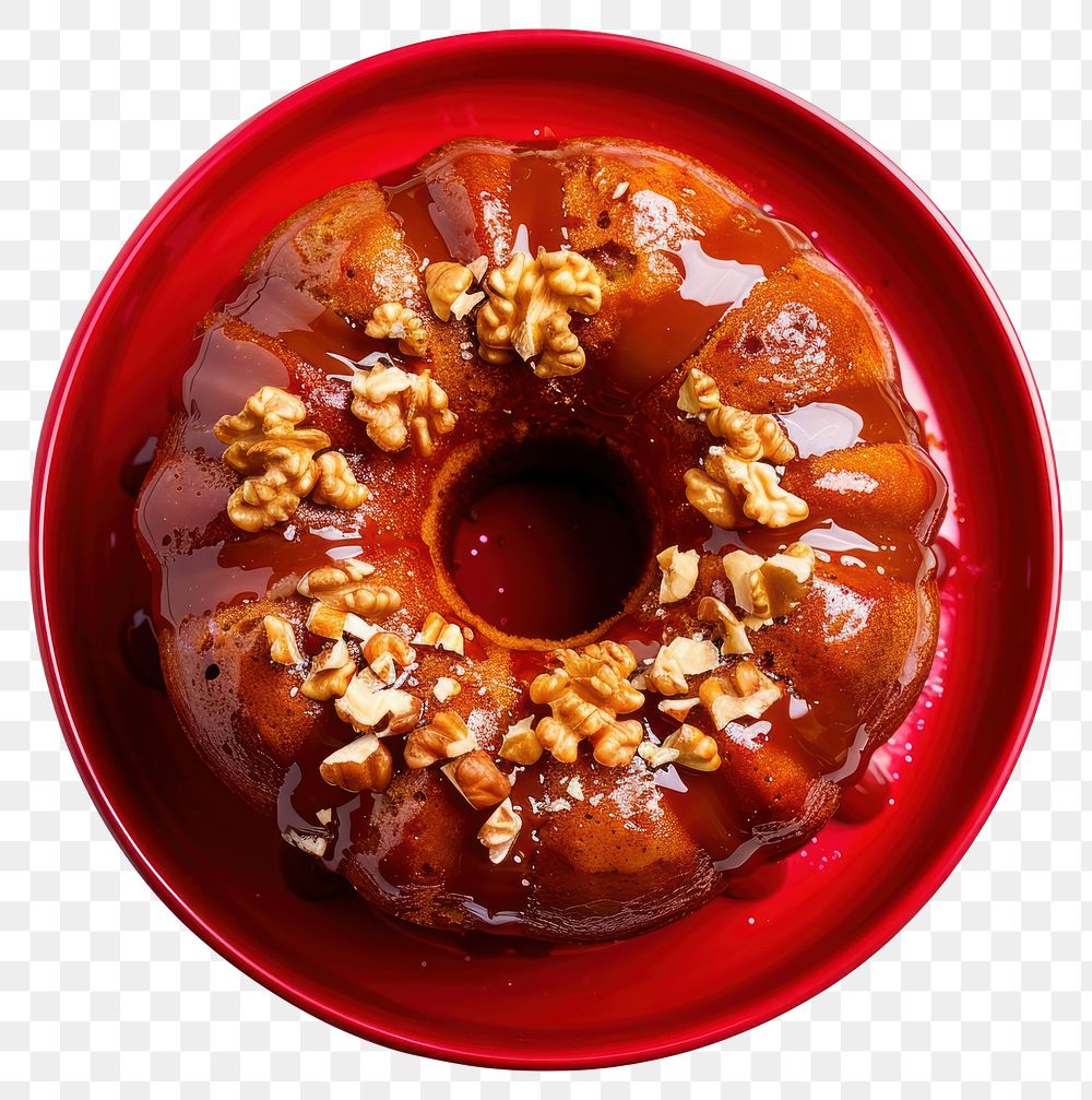 PNG A rich golden-brown rum cake with a glossy glaze and sprinkles of walnuts on top confectionery ketchup sweets.