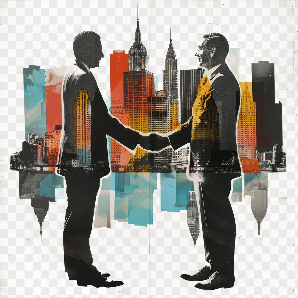 Paper collage of two businessmen painting poster adult.