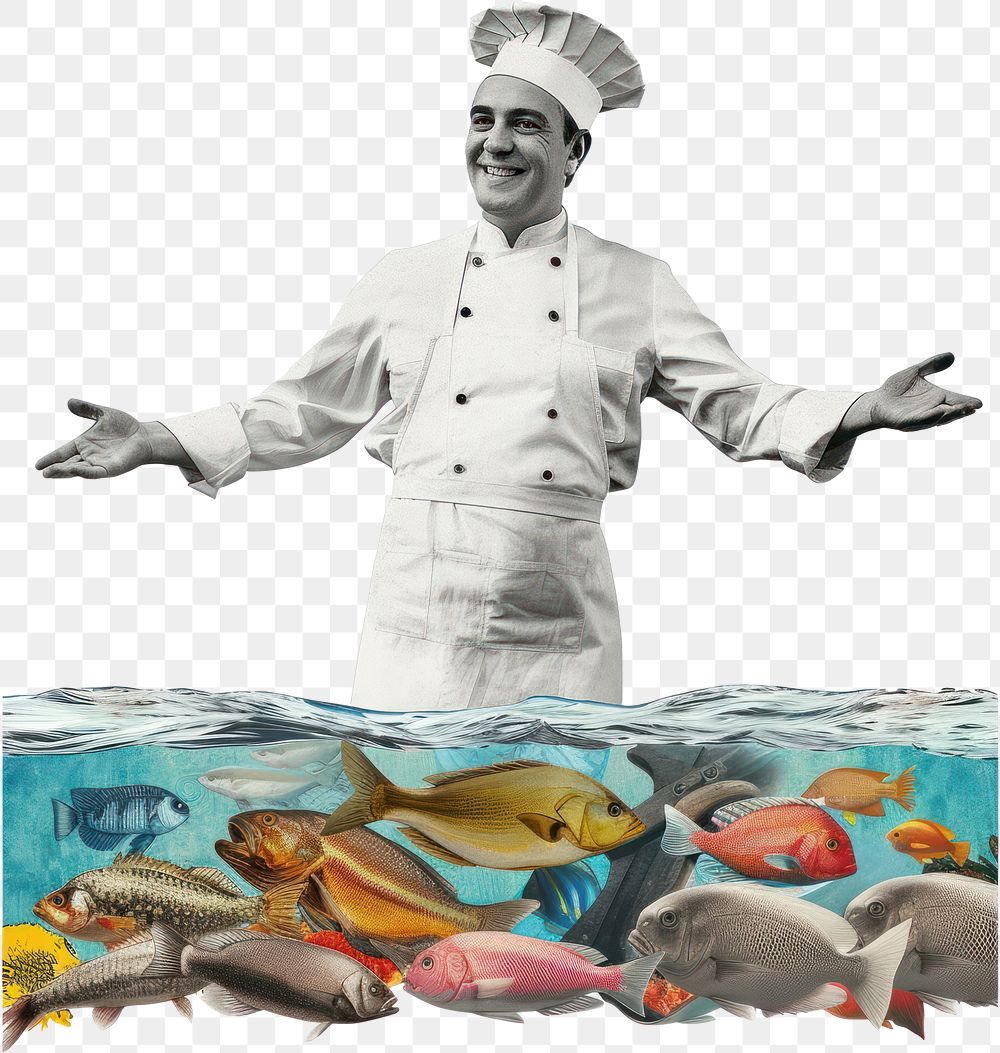 Collage of happy chef fish portrait photo.