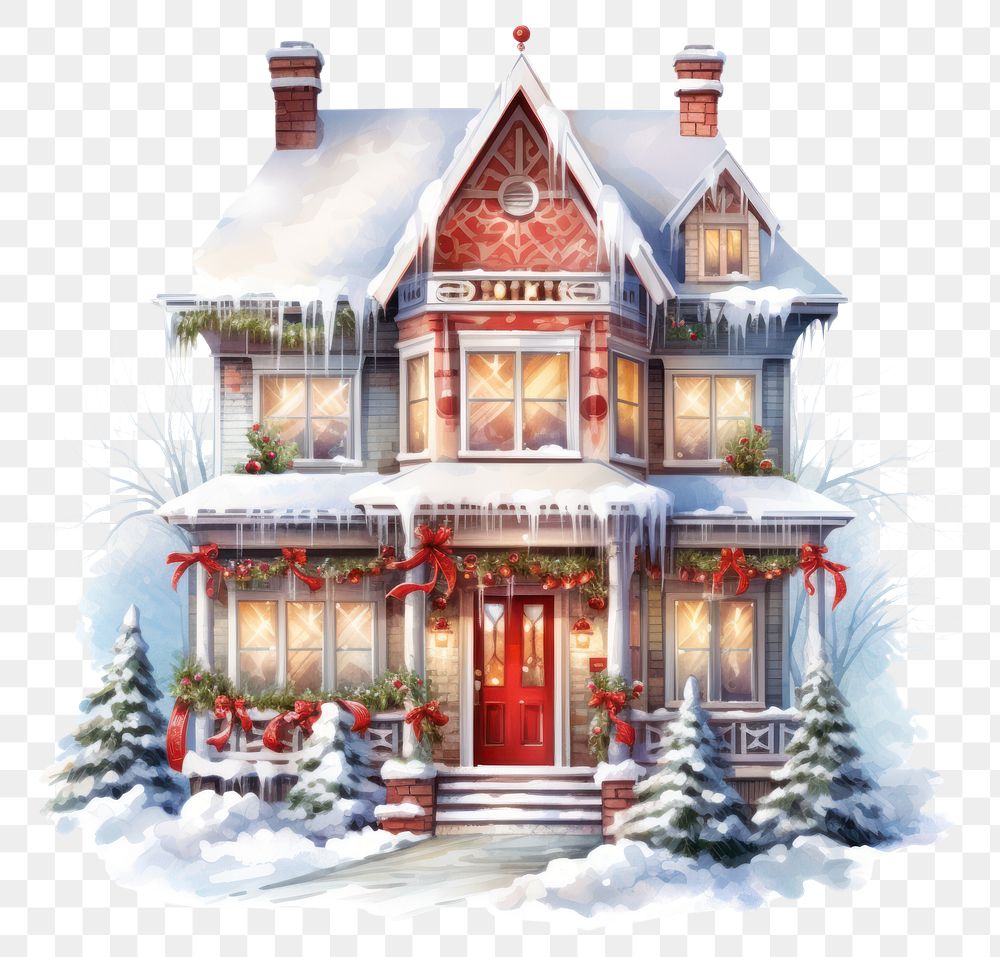 Christmas decorated house architecture building drawing. 