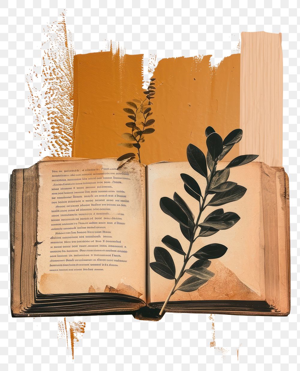 PNG  An open book and plant with a brown brush stroke art publication paper.