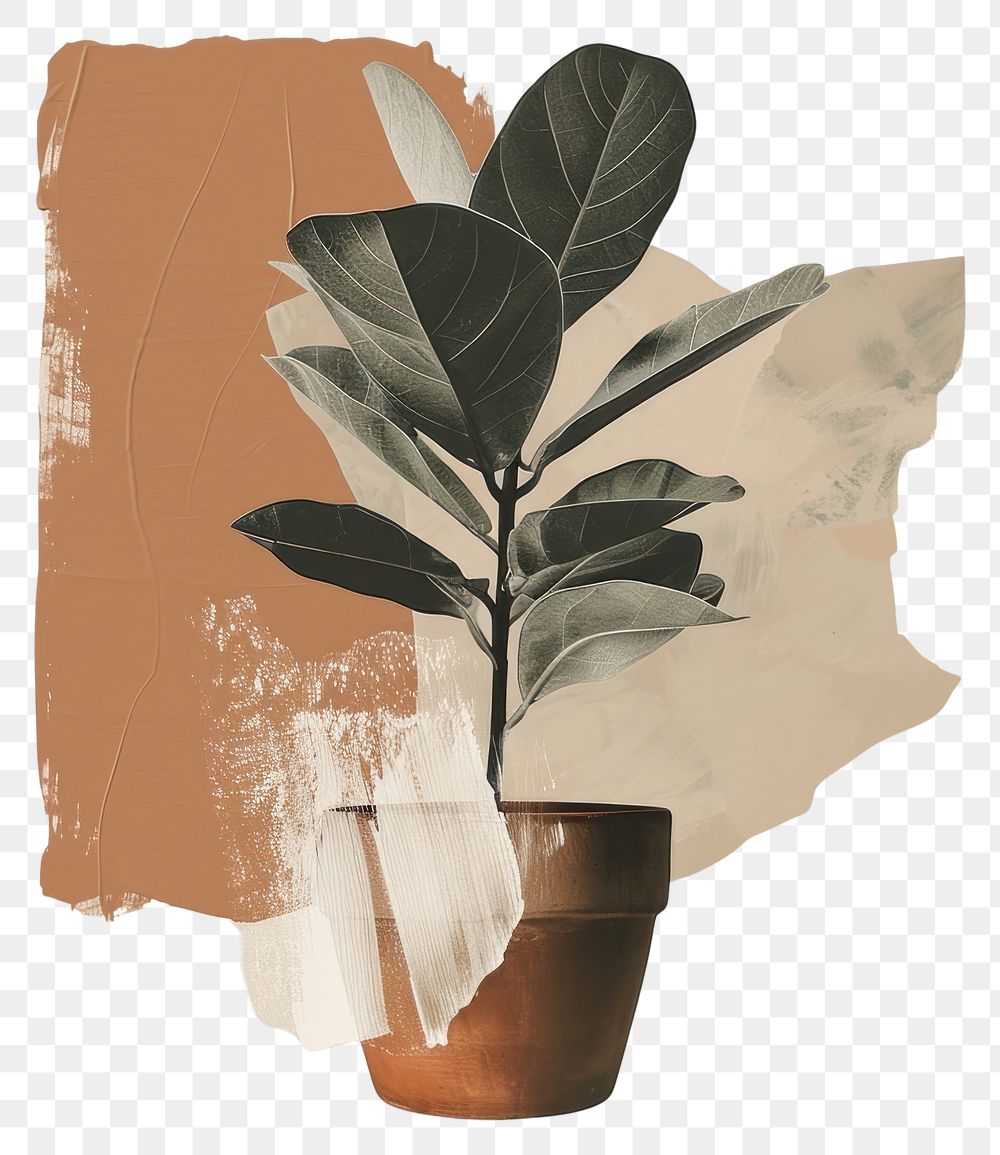 PNG Plant potted with a brown and brush stroke art painting leaf.