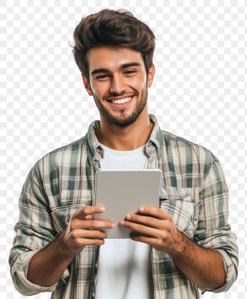 PNG Smiling man holding digital tablet