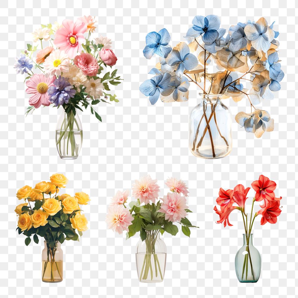 PNG flower vase design element set, transparent background