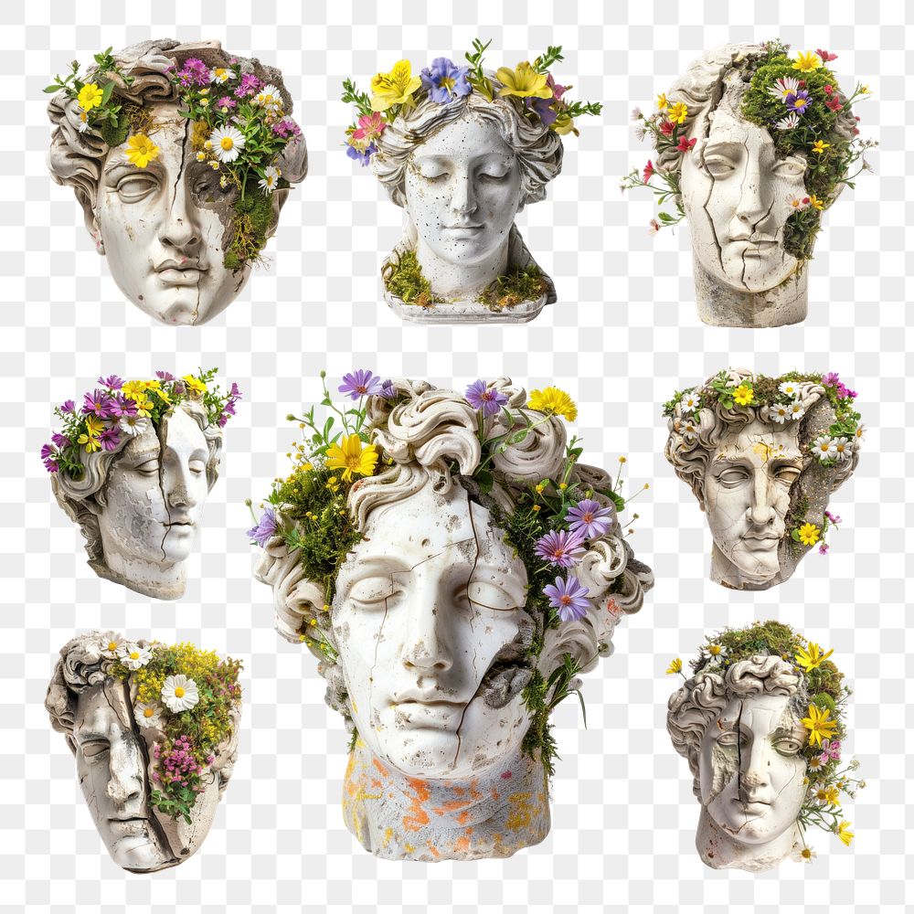 PNG floral statue head design element set, transparent background