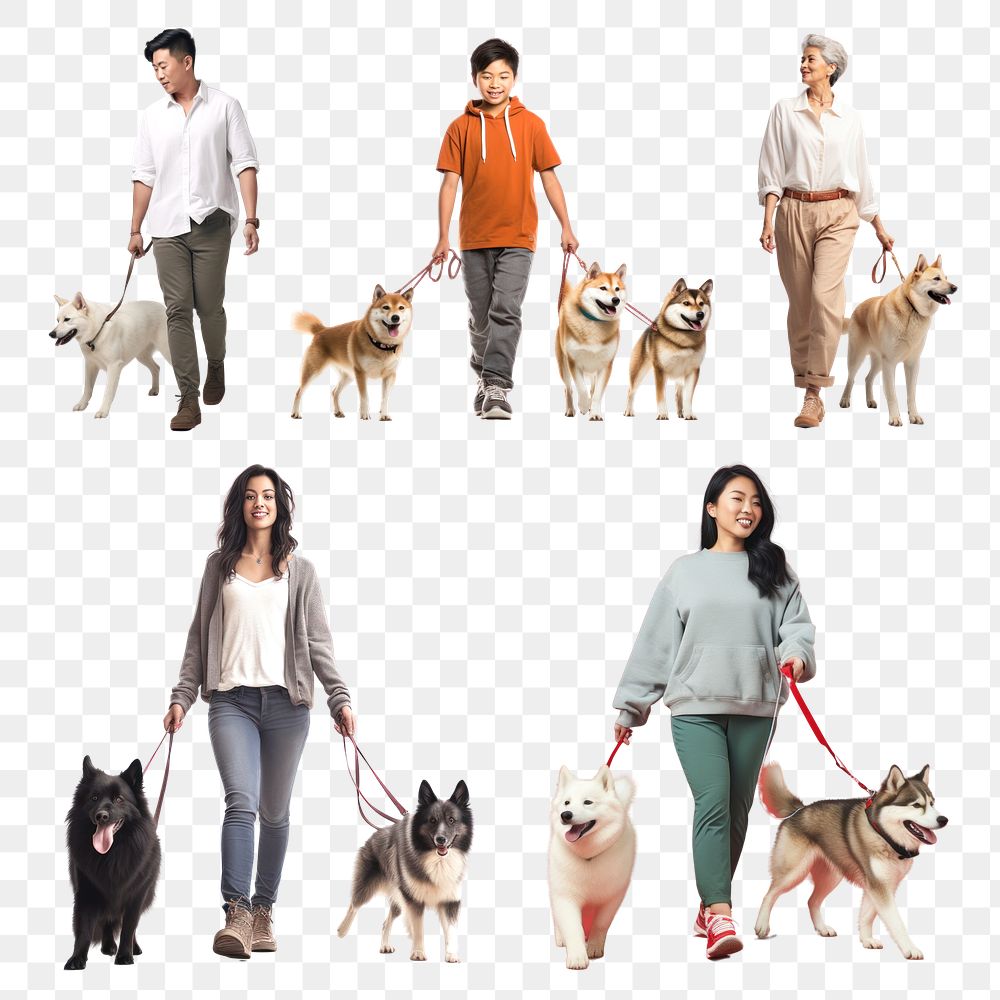 PNG people walking dogs design element set, transparent background