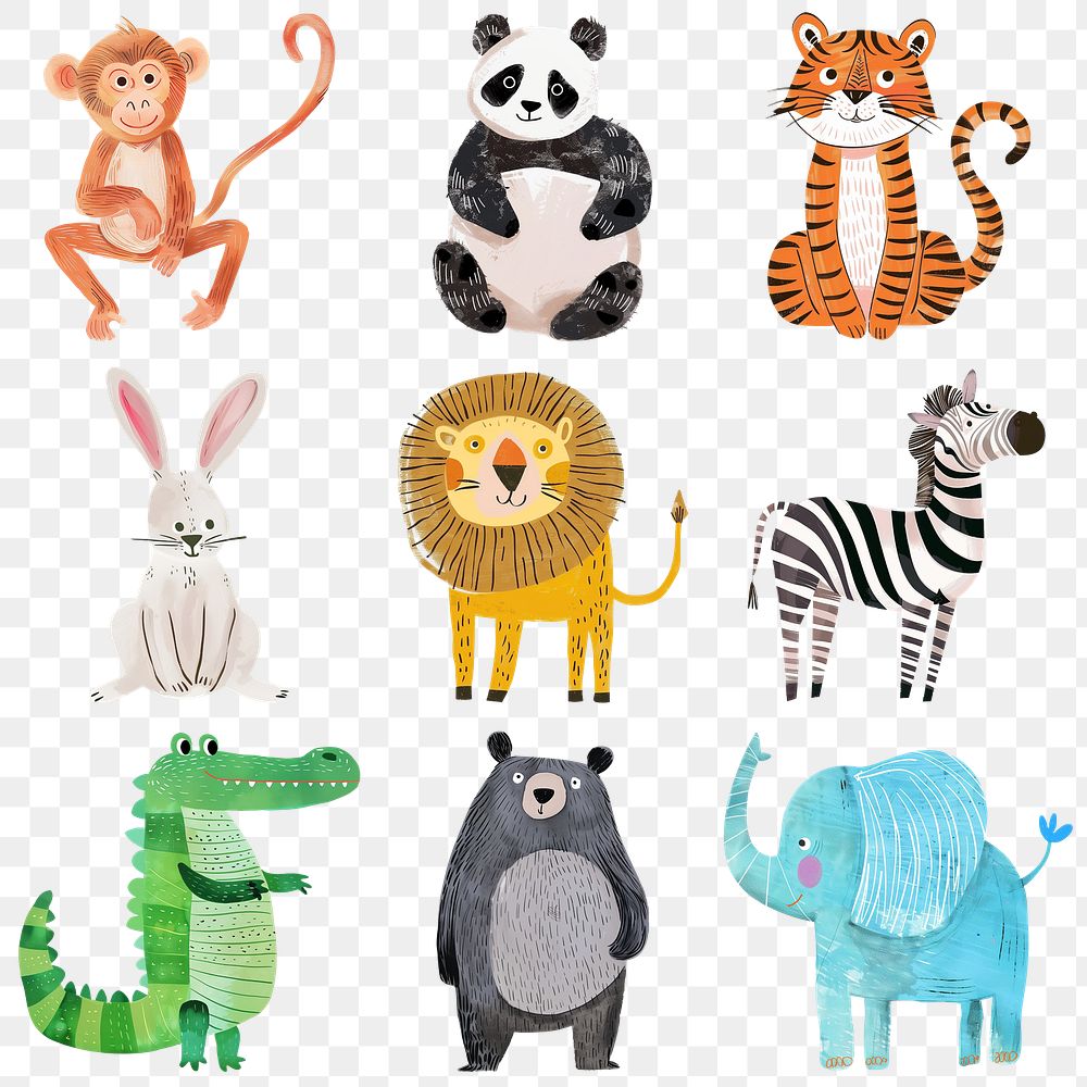 PNG cute animal illustration element set, transparent background