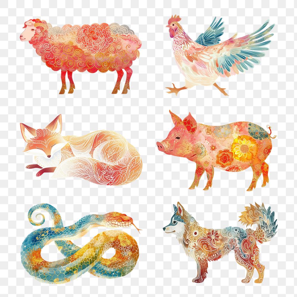 PNG Chinese folk animal art element set, transparent background