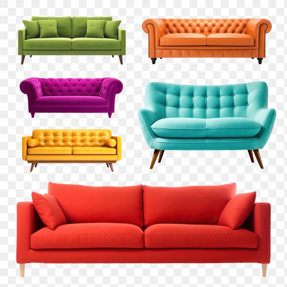 PNG colorful sofa element set, transparent background