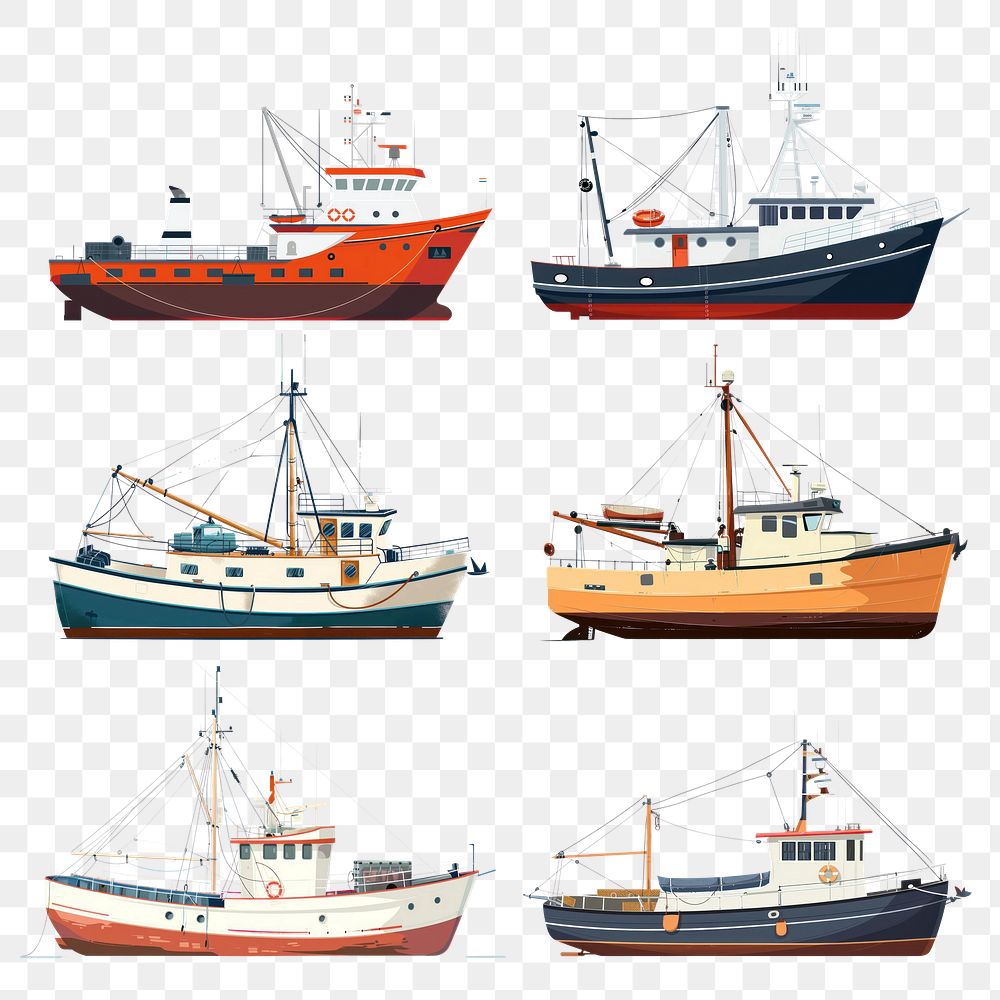 PNG Fishing boat design element set, transparent background