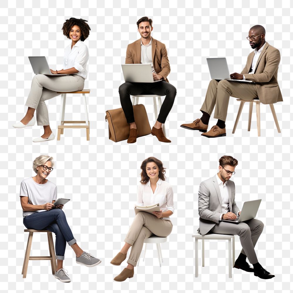 PNG diverse people sitting design element set, transparent background