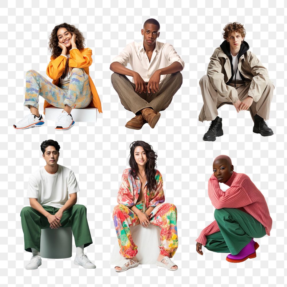 PNG diverse people sitting design element set, transparent background