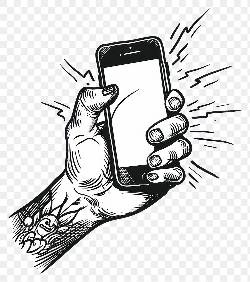 PNG Hand holding a smartphone electronics illustrated drawing.