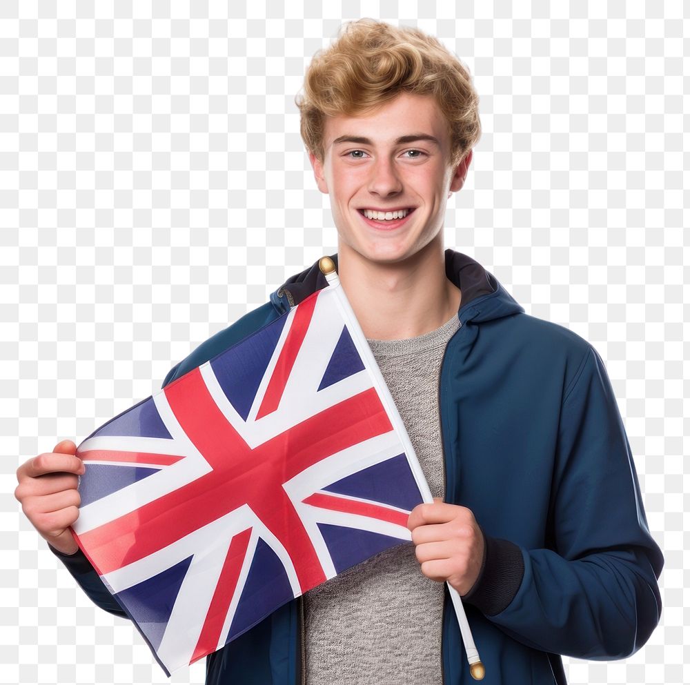 PNG A british university student holding small UK flag portrait white background independence. 