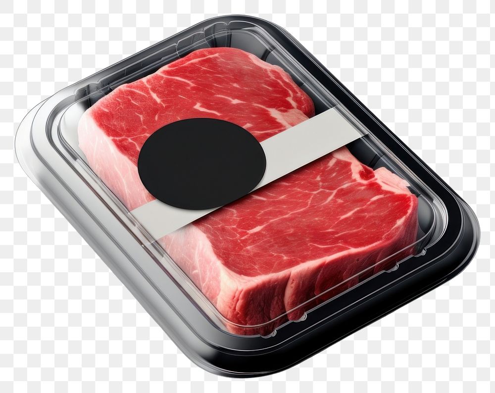 PNG Sealable black plastic tray and cover with raw meat schnitzels and blank label  packaging steak beef food.