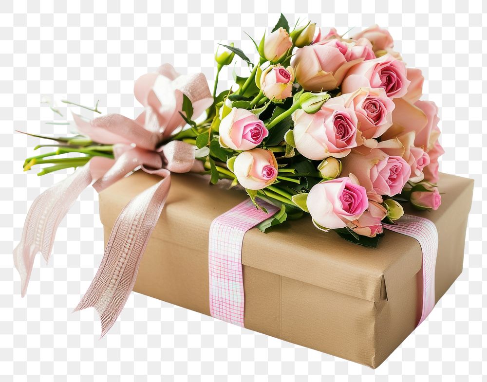 PNG Gift box with bouquet flower plant rose.