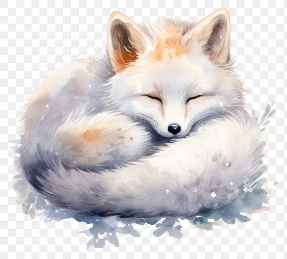 PNG Watercolor white fox sleeping animal cartoon mammal.