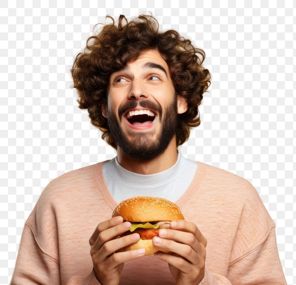 Holding a burger portrait adult beard. 