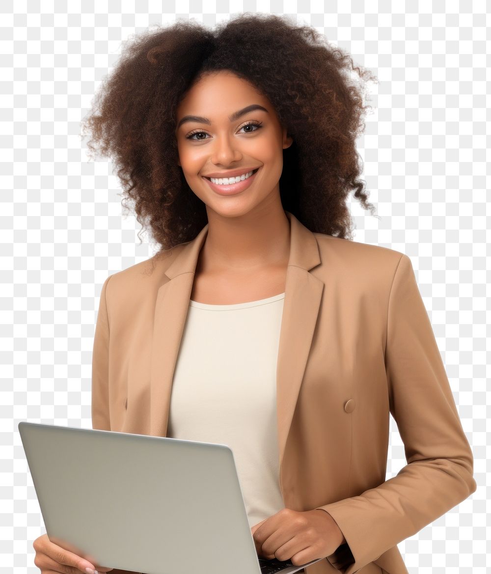 PNG  Young black business woman laptop computer smiling