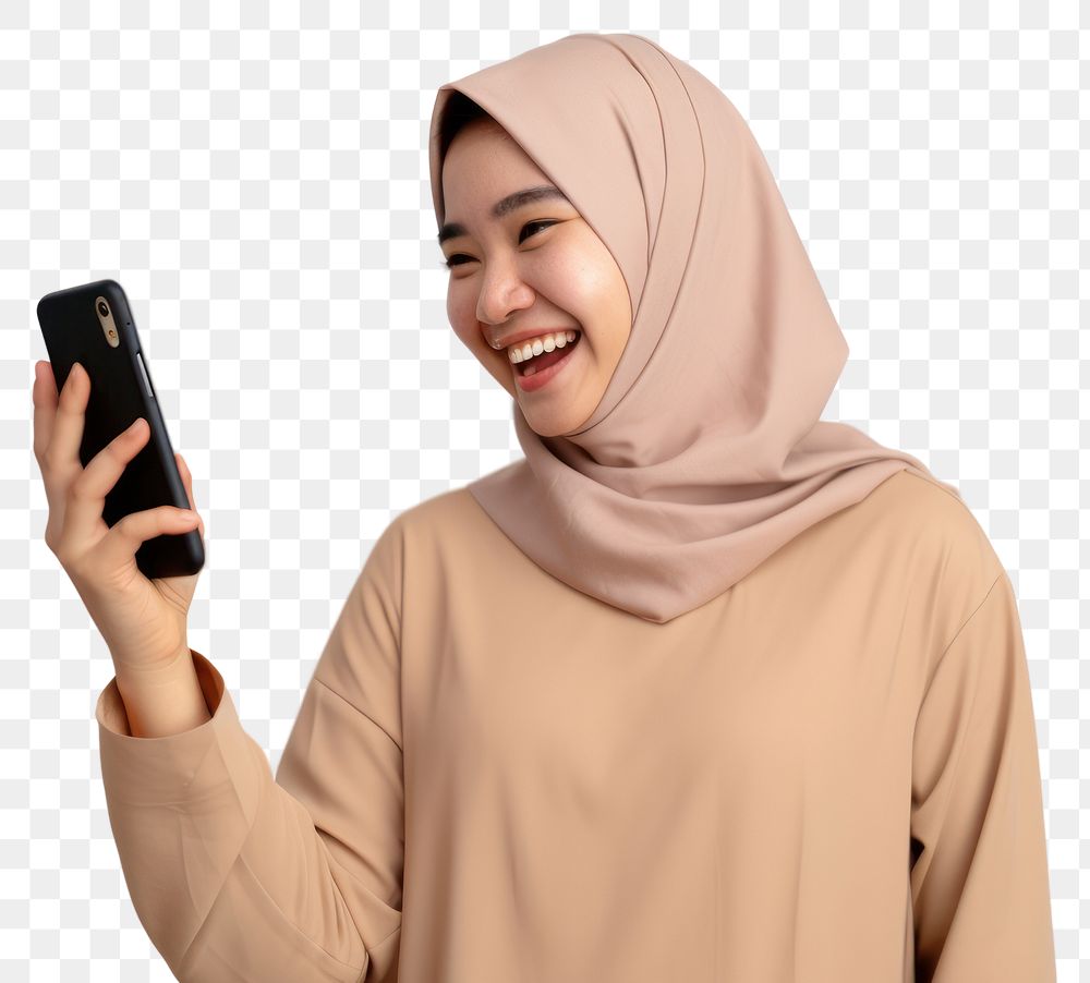 Happy Asian Muslim adult photo phone. 