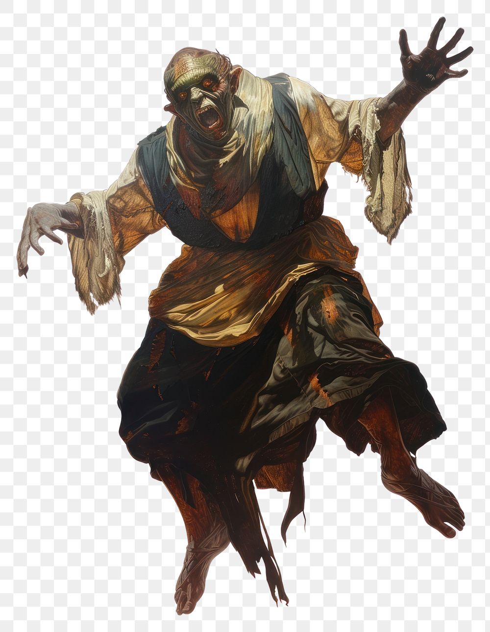 PNG  Zombie, tattered clothes, horror, jumping, aggressive