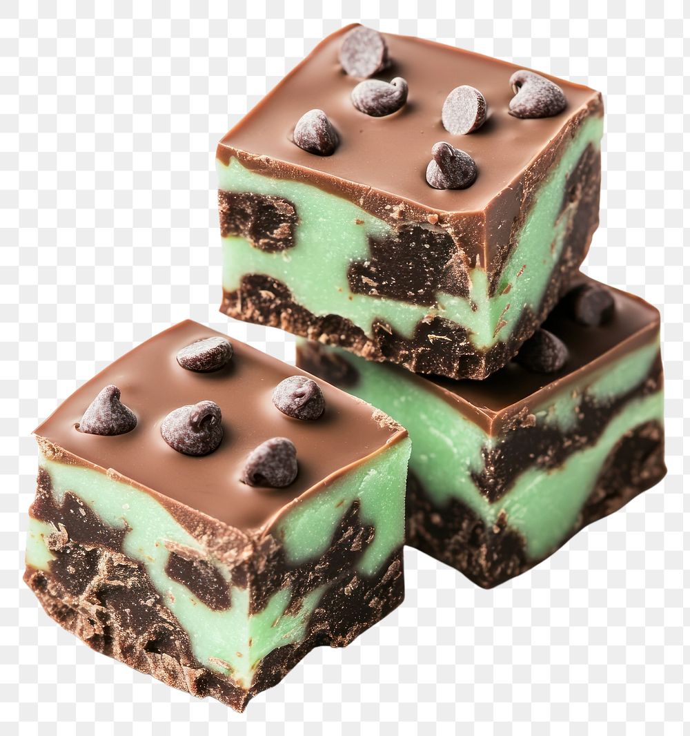 Three mint chocolate chips fudge cubes stacked confectionery dessert brownie.