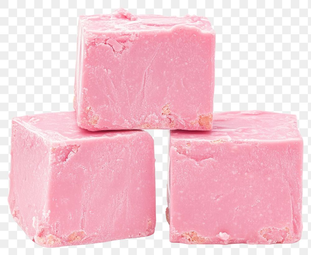 Three pink lemonade fudge cubes stacked chocolate dessert cream.