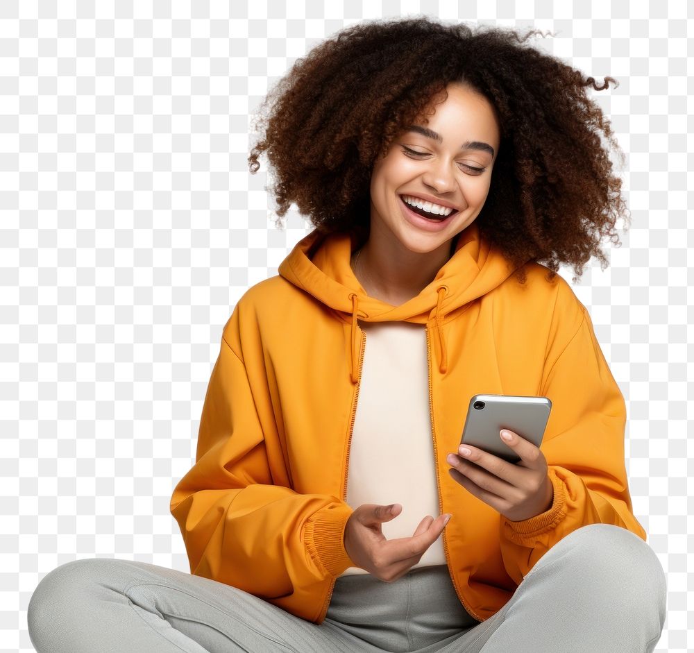 PNG Happy woman using smartphone