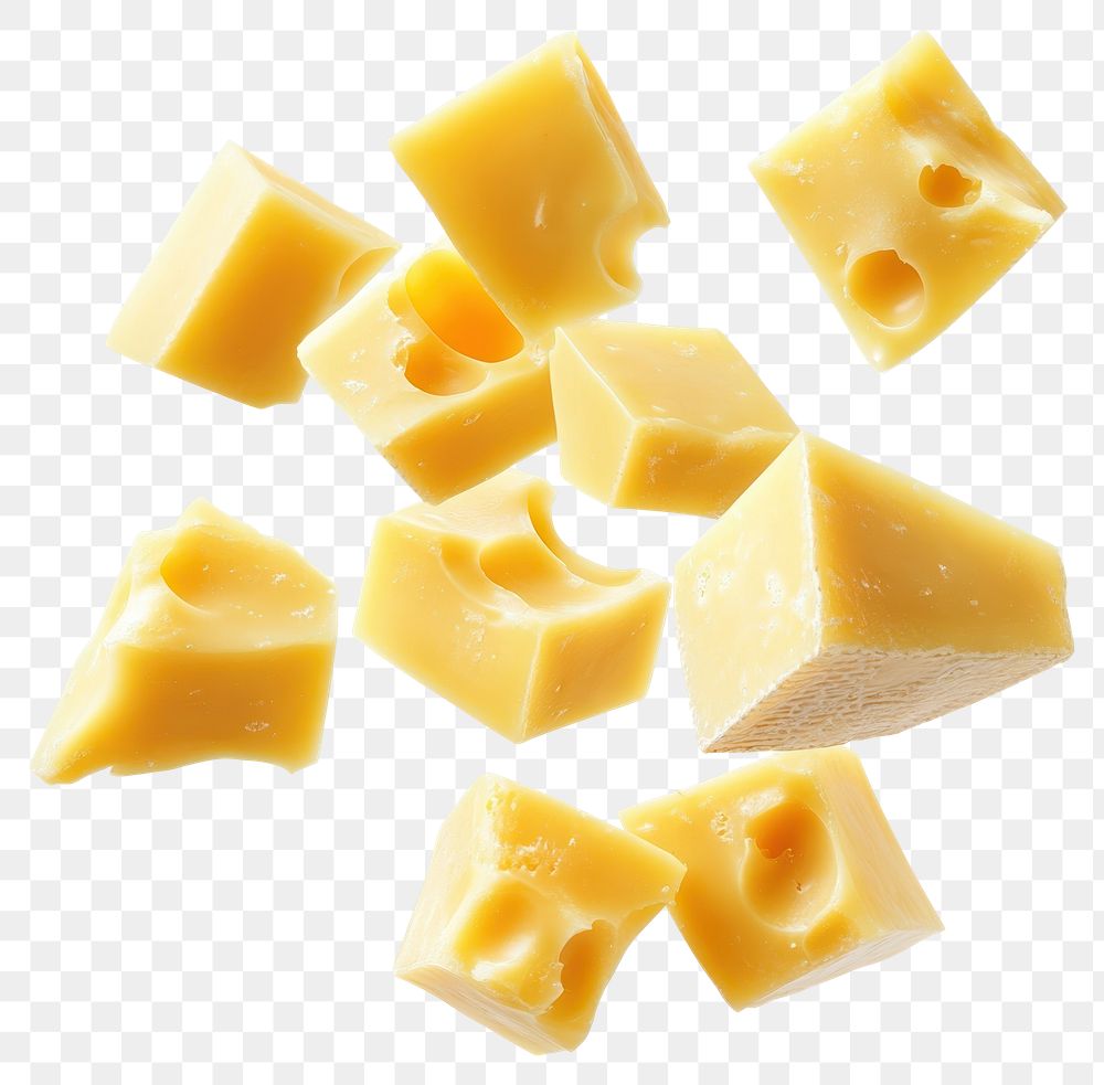 PNG Cheese pieces floating food isolated white.