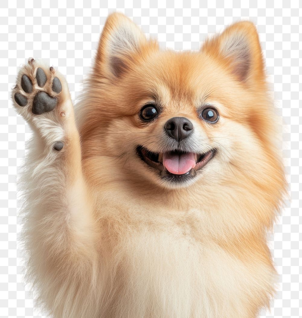 PNG Pomeranian dog smile and waving its paw pet animal friendly.