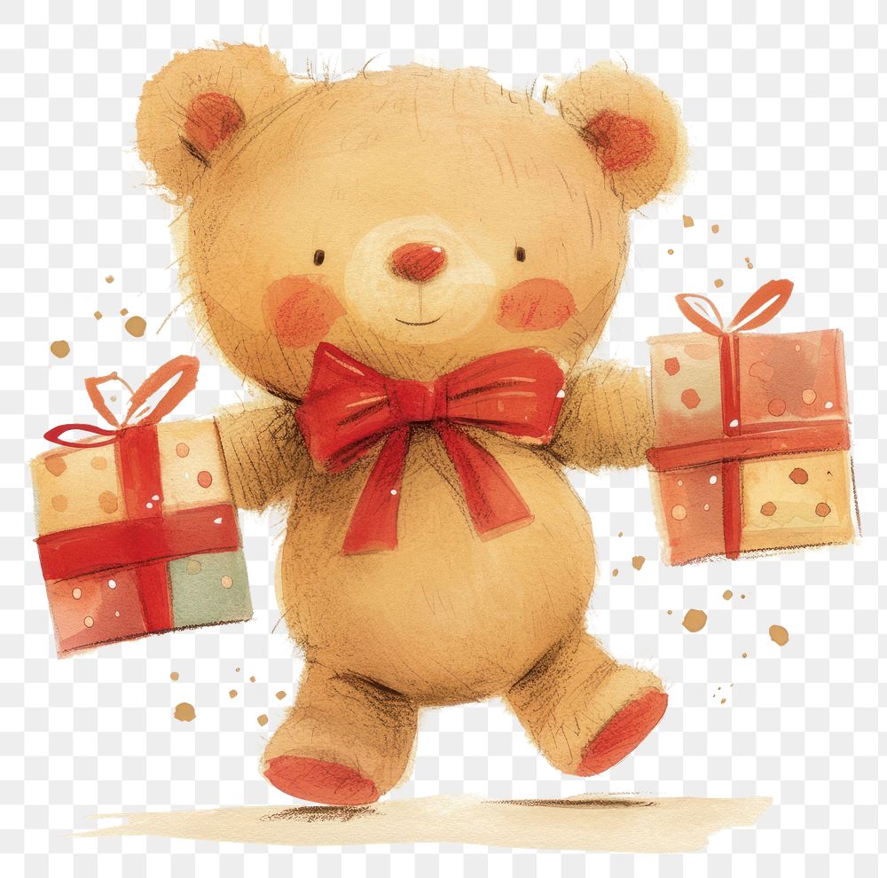 PNG Cute teddy bear holding gifts