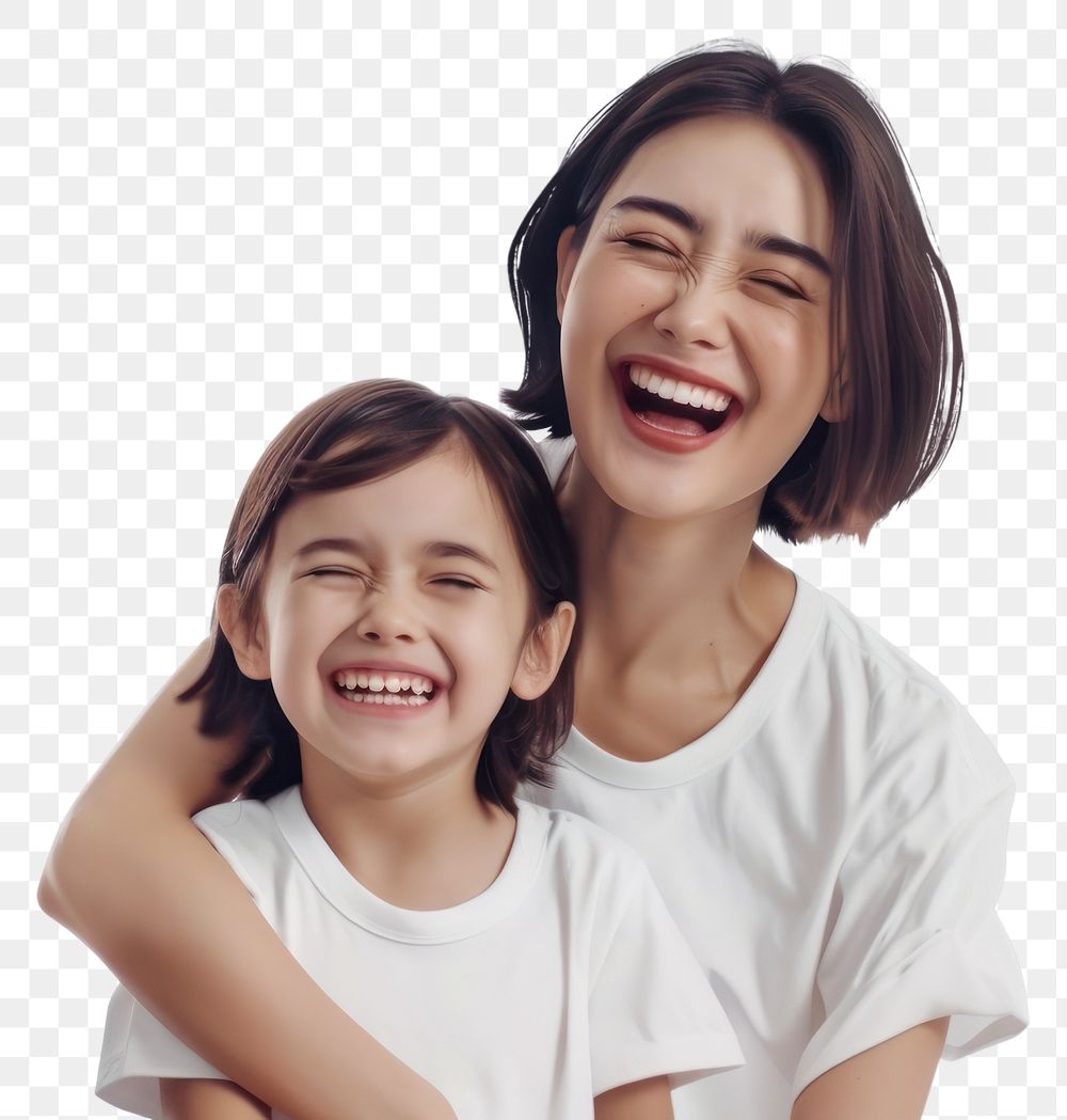 A young mixed race with asian short bob hair woman wearing a white t-shirt with her daughter laughing person human.