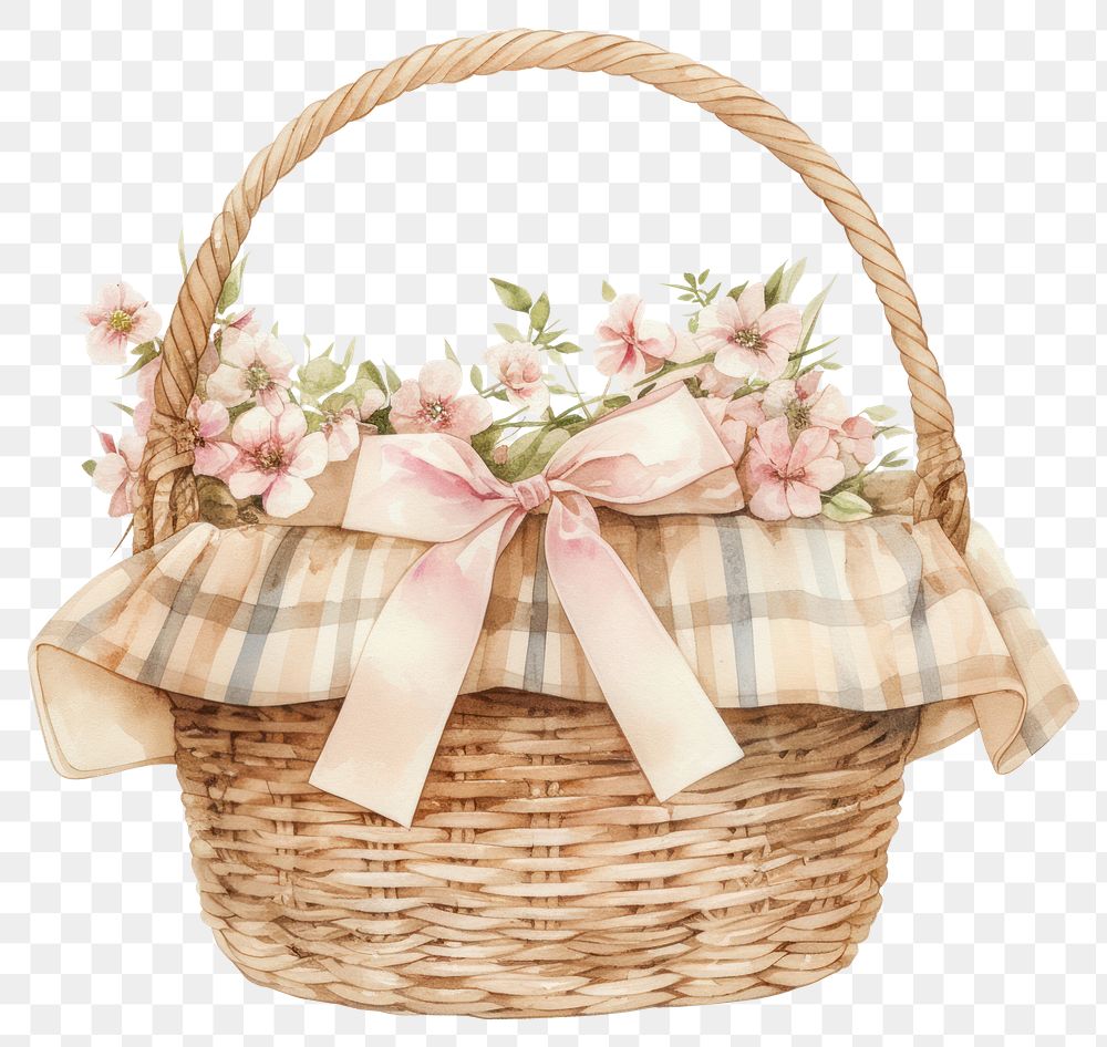 PNG Cottagecore picnic basket illustration watercolor flowers.