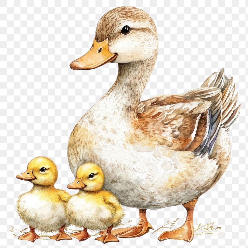 PNG  Duck with 3 baby ducks illustration watercolor animals.